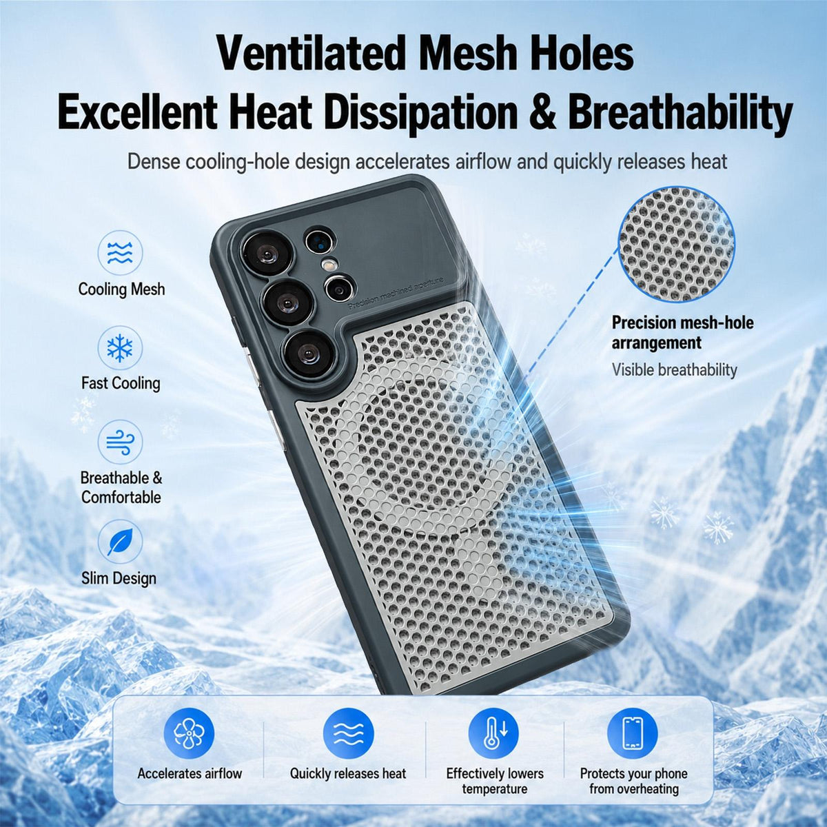 For Galaxy S25 Ultra 5G Armor Shield Mesh Cooling Magnetic Phone Case with Lens Film - Orange - EDA009932402A