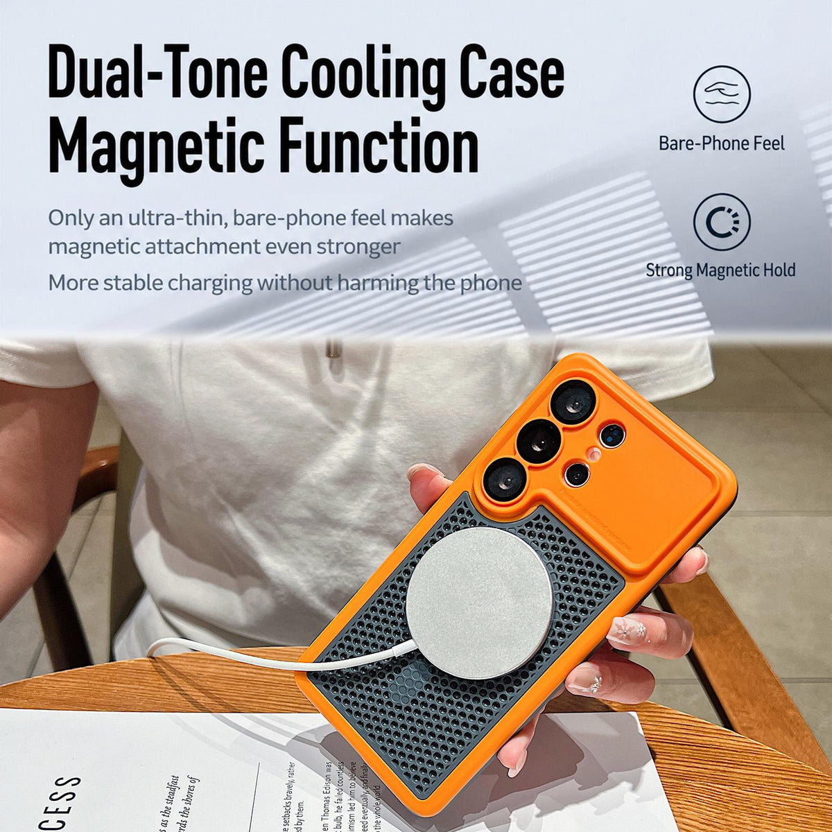 For Galaxy S25 Ultra 5G Armor Shield Mesh Cooling Magnetic Phone Case with Lens Film - Orange - EDA009932402A