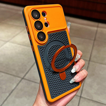 For Galaxy S26 Ultra 5G Armor Shield Mesh Cooling Magnetic Holder Phone Case with Lens Film - Orange - EDA009932801A