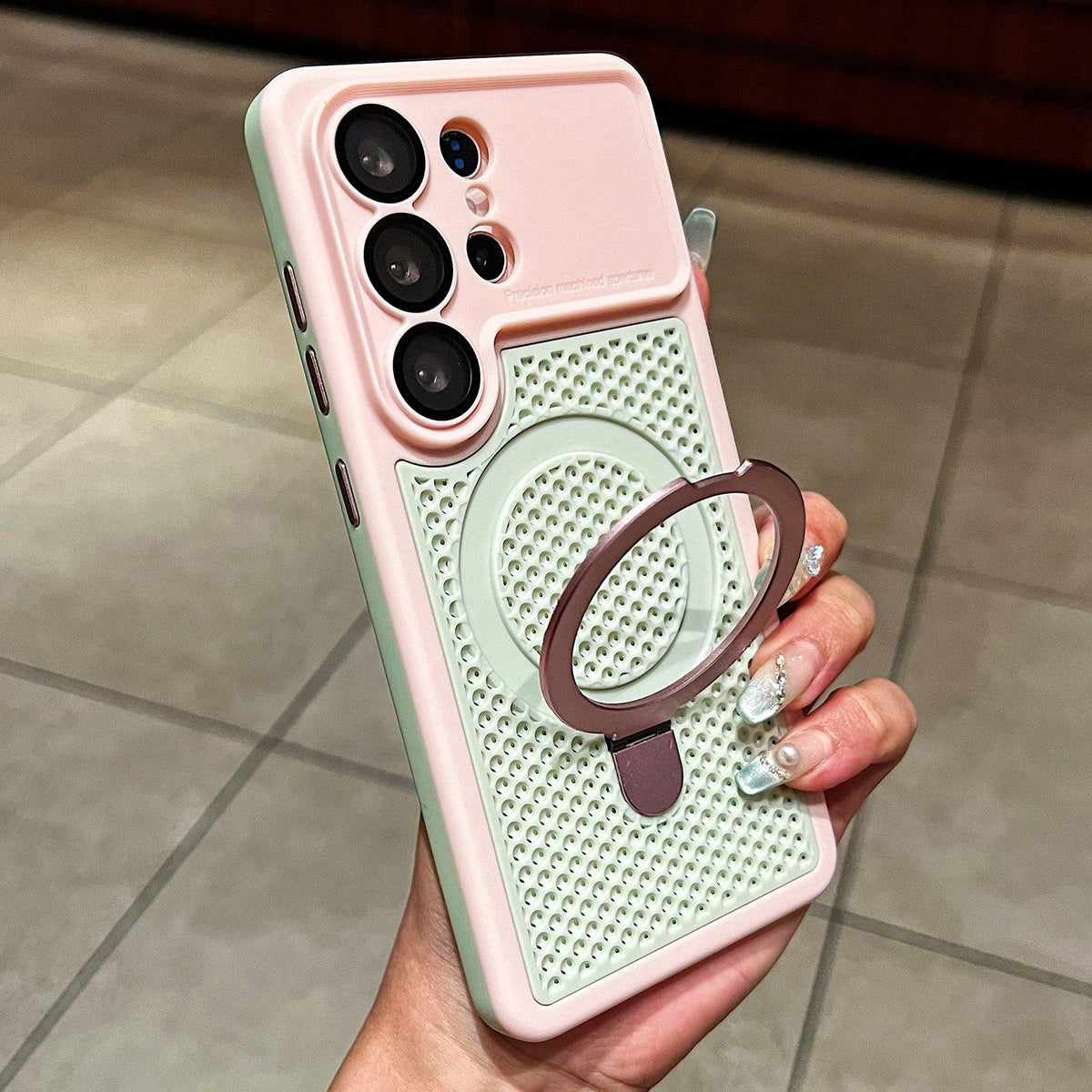 For Galaxy S26 Ultra 5G Armor Shield Mesh Cooling Magnetic Holder Phone Case with Lens Film - Pink - EDA009932801B