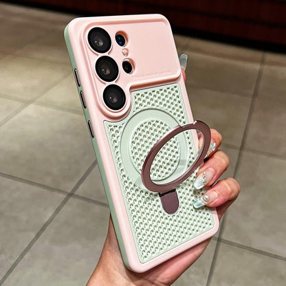 For Galaxy S26 Ultra 5G Armor Shield Mesh Cooling Magnetic Holder Phone Case with Lens Film - Pink - EDA009932801B