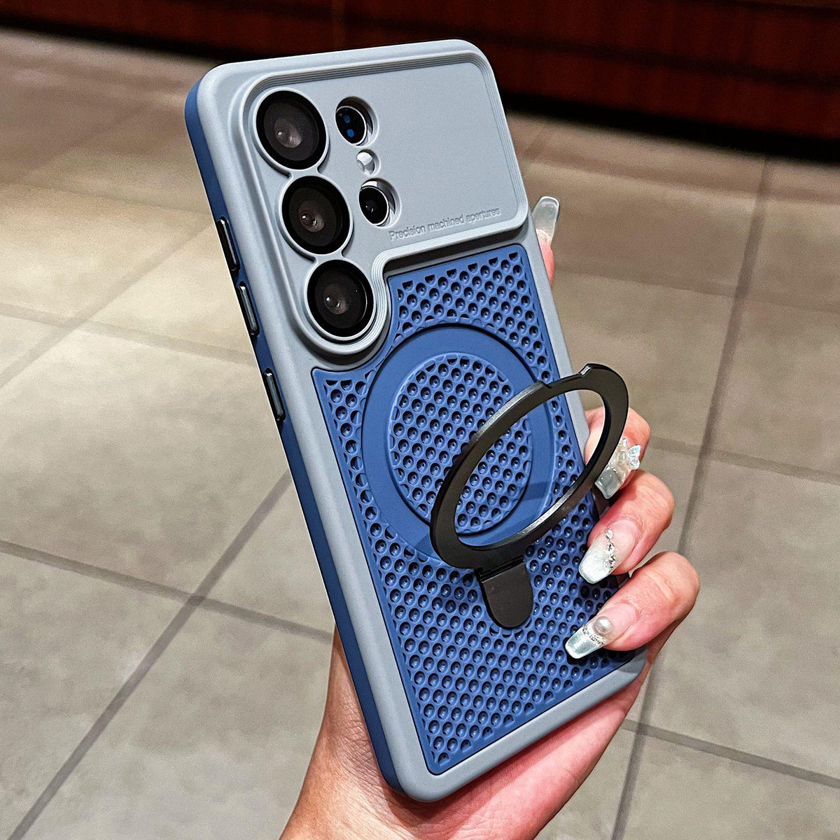 For Galaxy S26 Ultra 5G Armor Shield Mesh Cooling Magnetic Holder Phone Case with Lens Film - Grey - EDA009932801D