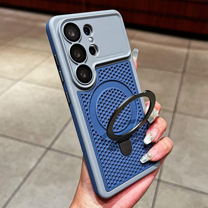 For Galaxy S26 Ultra 5G Armor Shield Mesh Cooling Magnetic Holder Phone Case with Lens Film - Grey - EDA009932801D