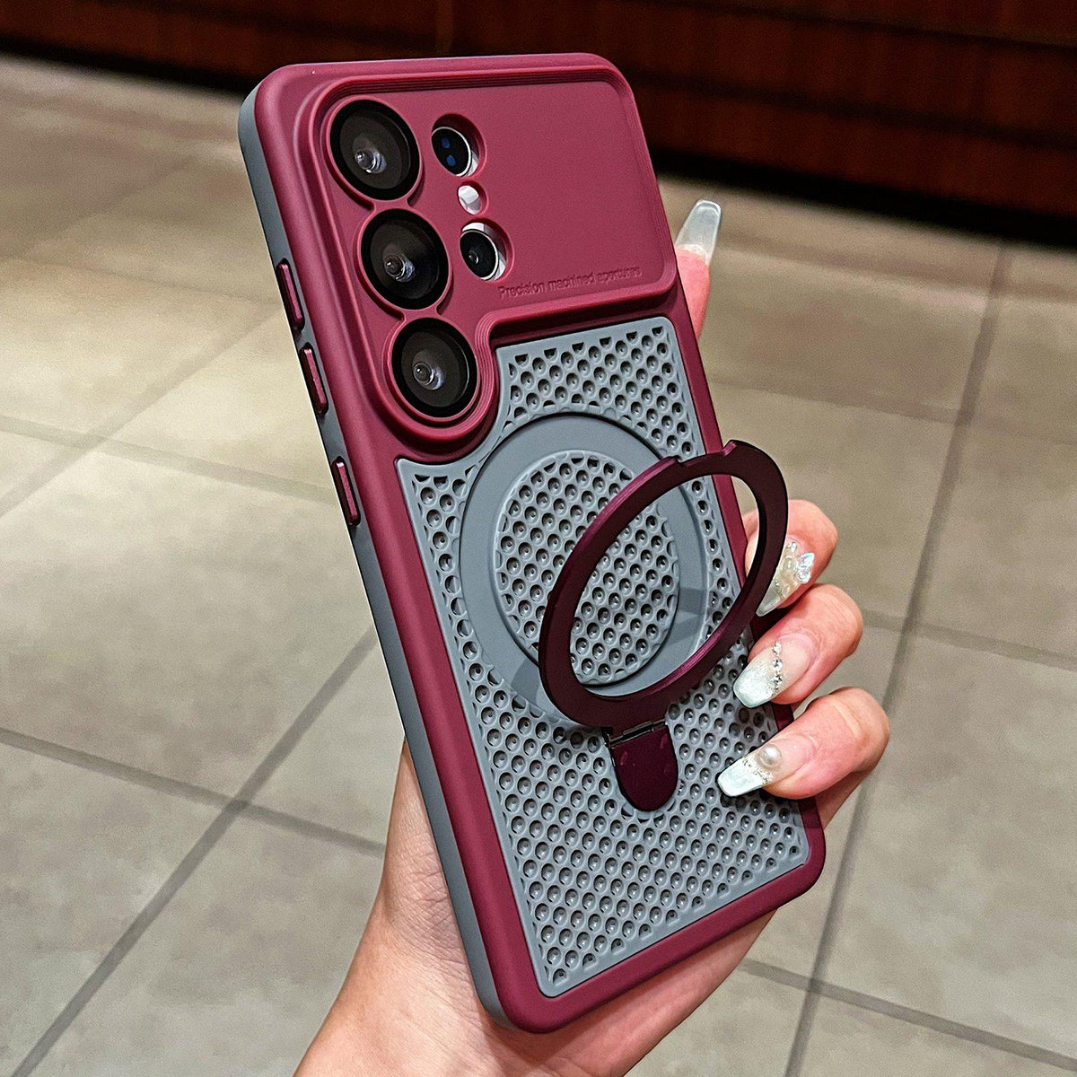 For Galaxy S26 Ultra 5G Armor Shield Mesh Cooling Magnetic Holder Phone Case with Lens Film - Wine Red - EDA009932801E