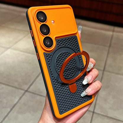 For Galaxy S26 5G Armor Shield Mesh Cooling Magnetic Holder Phone Case with Lens Film - Orange - EDA009932802A