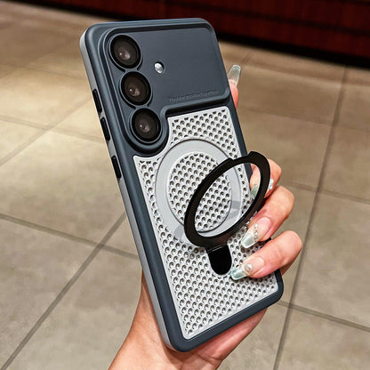 For Galaxy S26 5G Armor Shield Mesh Cooling Magnetic Holder Phone Case with Lens Film - Black - EDA009932802C