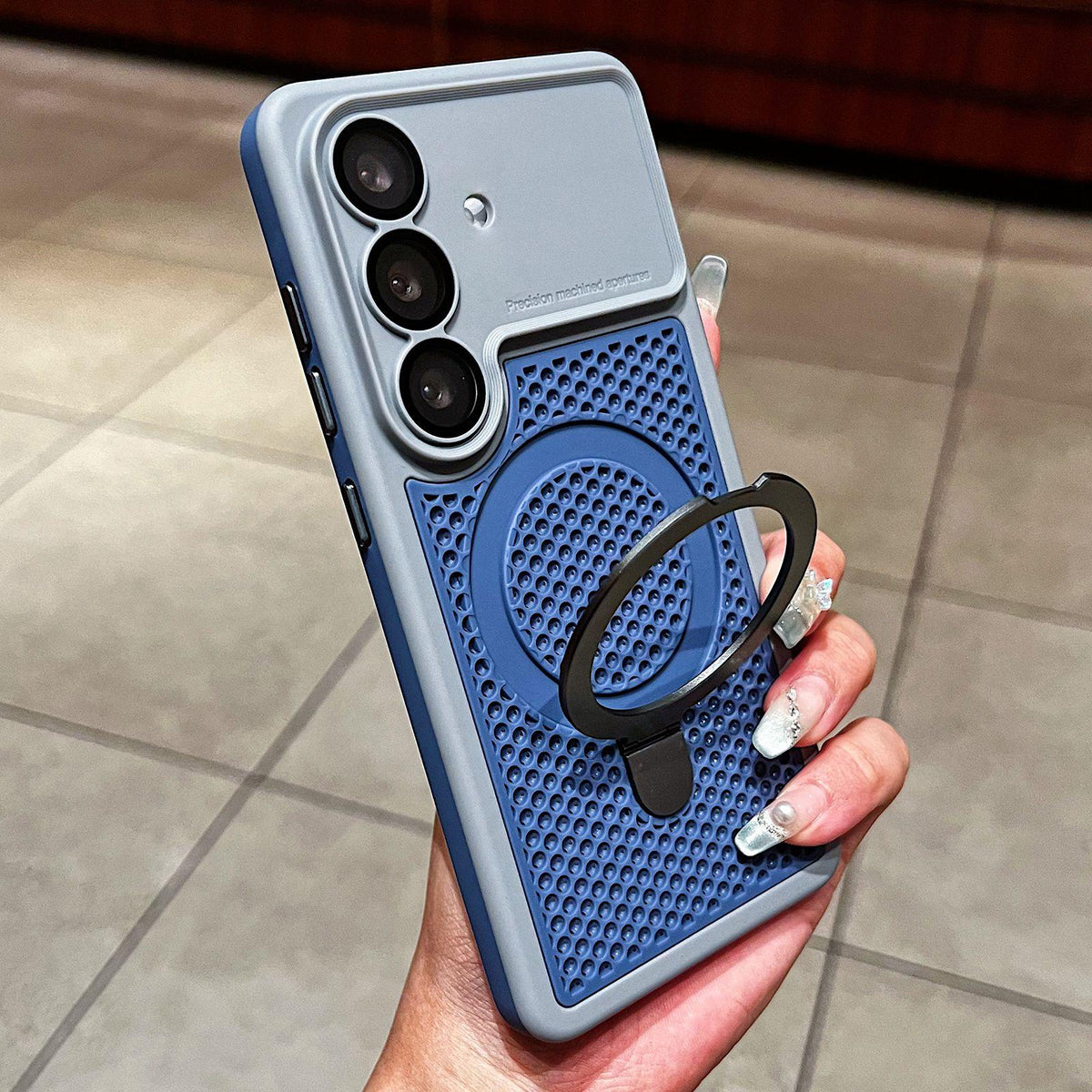 For Galaxy S26 5G Armor Shield Mesh Cooling Magnetic Holder Phone Case with Lens Film - Grey - EDA009932802D