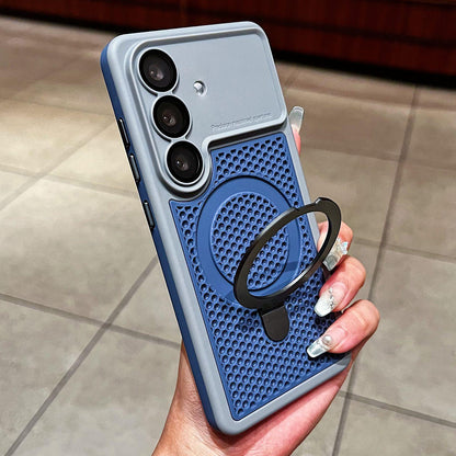 For Galaxy S26 5G Armor Shield Mesh Cooling Magnetic Holder Phone Case with Lens Film - Grey - EDA009932802D