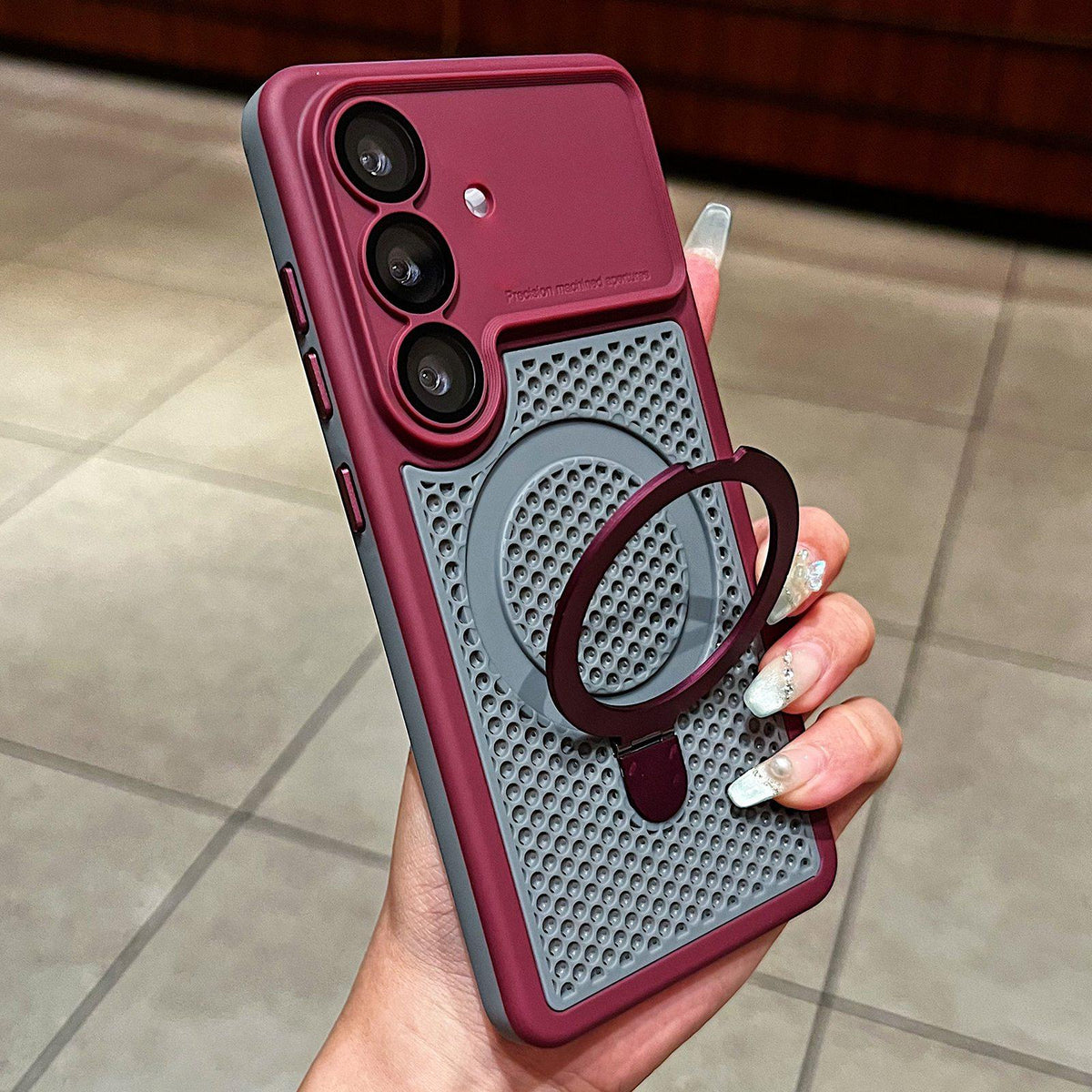 For Galaxy S26 5G Armor Shield Mesh Cooling Magnetic Holder Phone Case with Lens Film - Wine Red - EDA009932802E