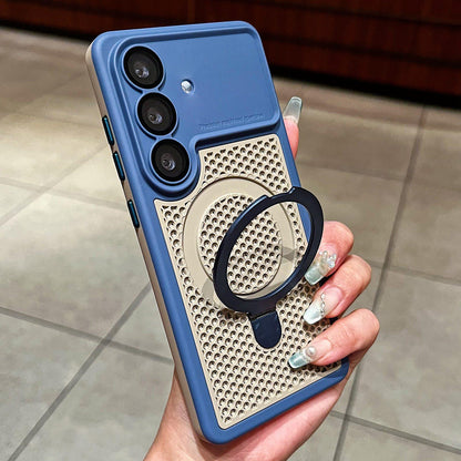 For Galaxy S26 5G Armor Shield Mesh Cooling Magnetic Holder Phone Case with Lens Film - Blue - EDA009932802F