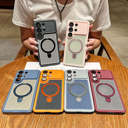 For Galaxy S26 5G Armor Shield Mesh Cooling Magnetic Holder Phone Case with Lens Film - Orange - EDA009932802A