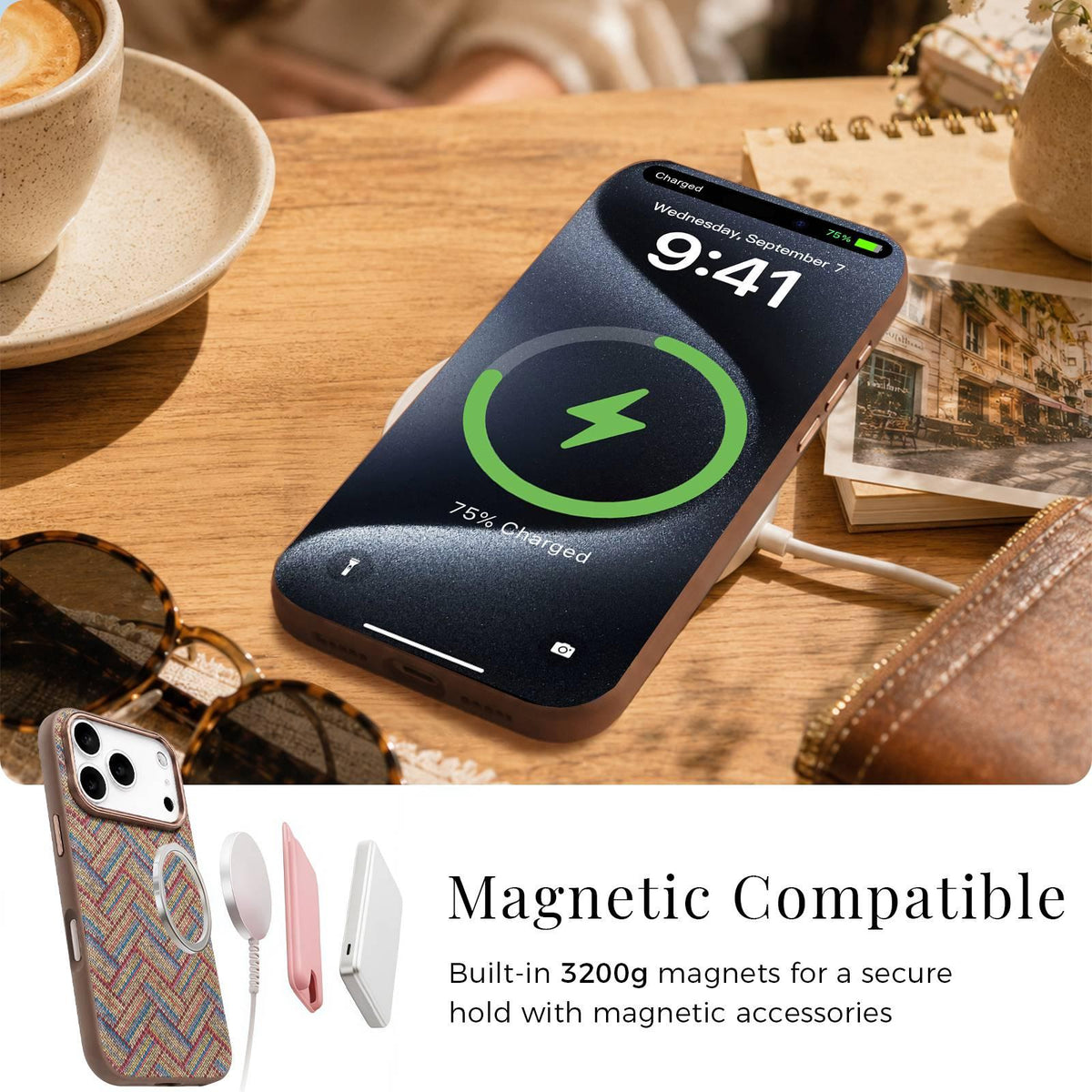 For iPhone 18 Pro Denior Vintage Boho Embroidery Style Magnetic Protective Phone Case - Khaki - EDA009933008C