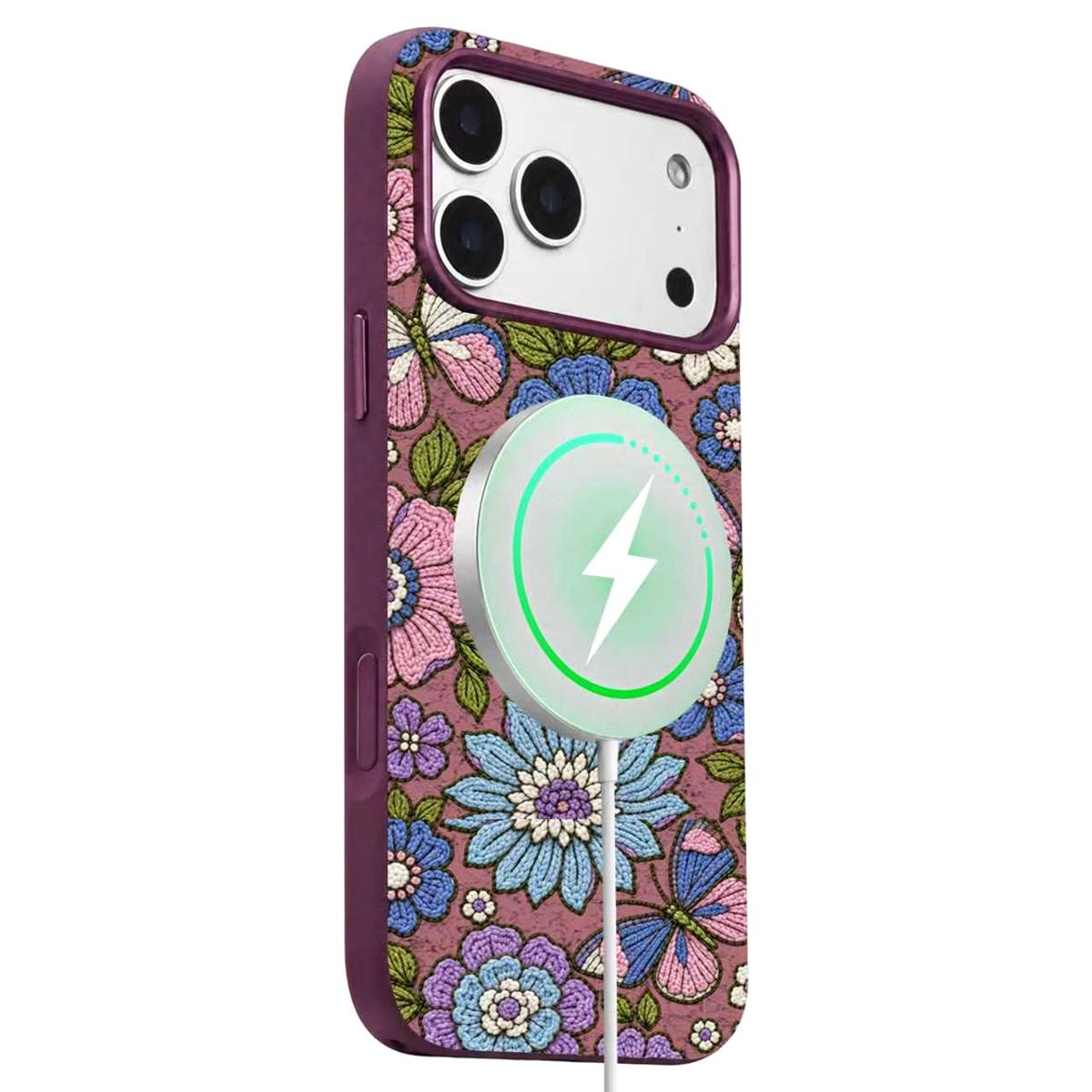 For iPhone 18 Pro Denior Vintage Boho Embroidery Style Magnetic Protective Phone Case - Purple - EDA009933008G