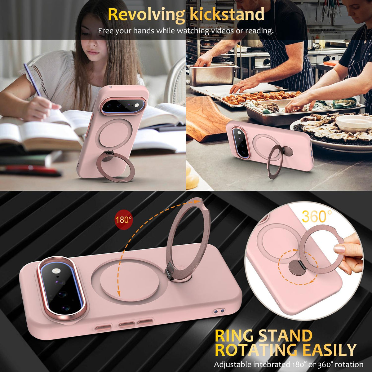 For Google Pixel 11 Pro XL/10 Pro XL Gen1.5 Pivot Ring Holder TPU Hybrid PC Phone Case - Pink - EDA009934101B