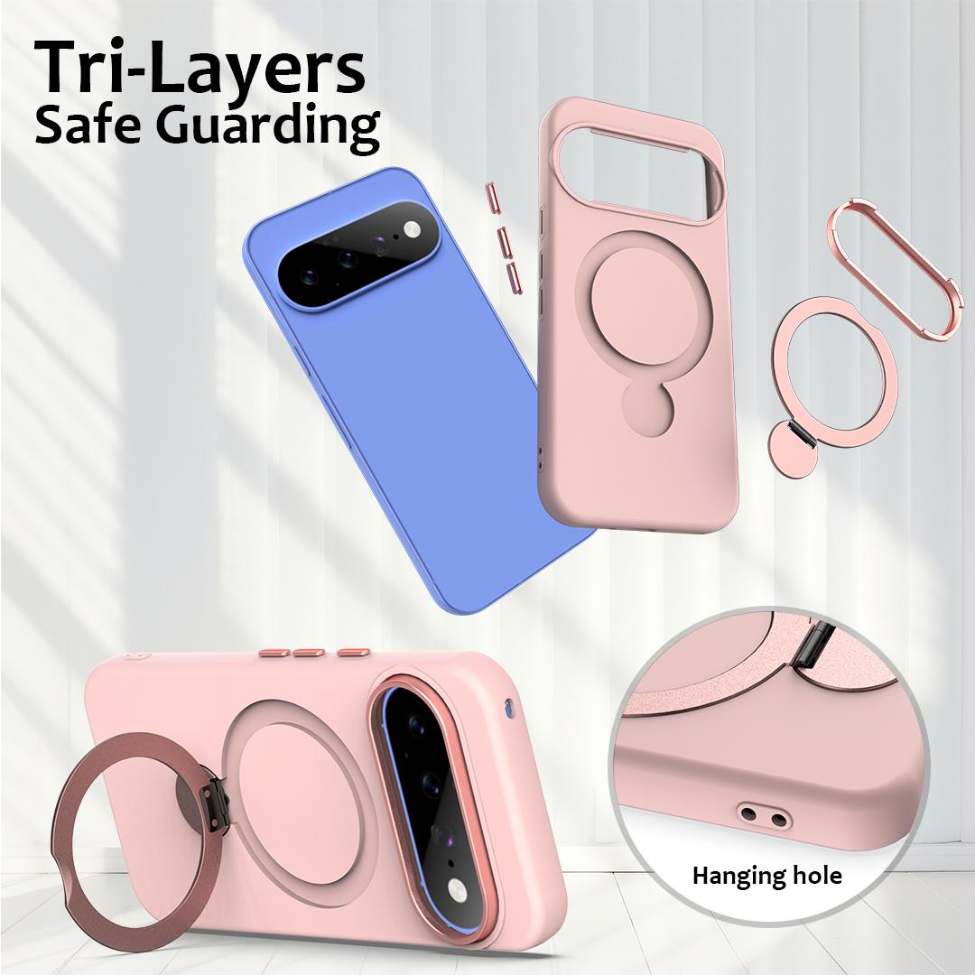 For Google Pixel 11 Pro XL/10 Pro XL Gen1.5 Pivot Ring Holder TPU Hybrid PC Phone Case - Pink - EDA009934101B