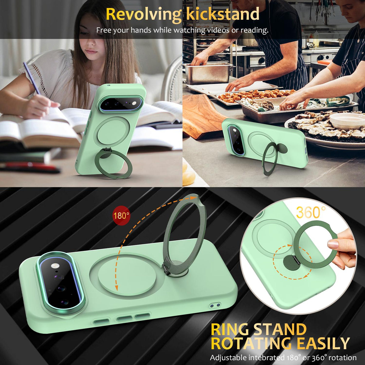 For Google Pixel 11 Pro XL/10 Pro XL Gen1.5 Pivot Ring Holder TPU Hybrid PC Phone Case - Green - EDA009934101D