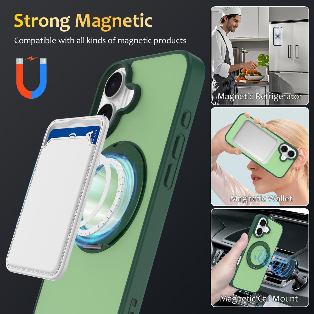 For iPhone 17 Skin Feel Revolving Kickstand Magnetic Phone Case - Green - EDA009937104B
