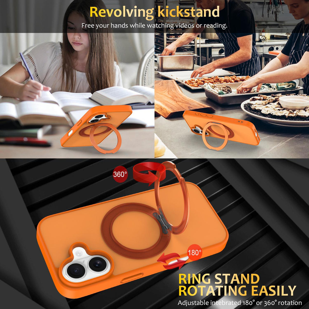 For iPhone 17 Skin Feel Revolving Kickstand Magnetic Phone Case - Orange - EDA009937104C