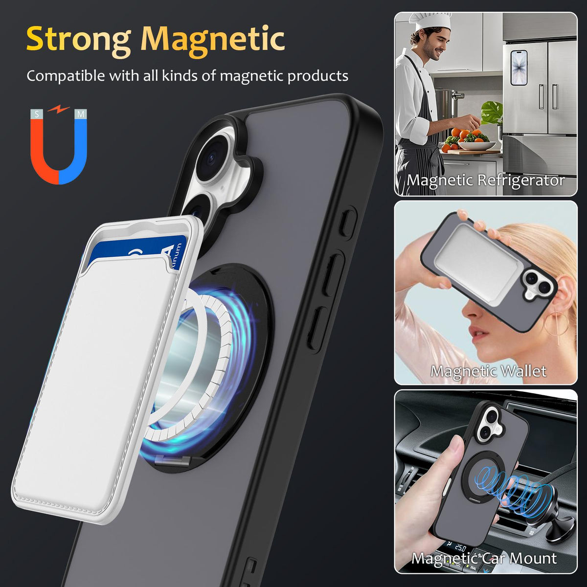 For iPhone 17 Skin Feel Revolving Kickstand Magnetic Phone Case - Black - EDA009937104D