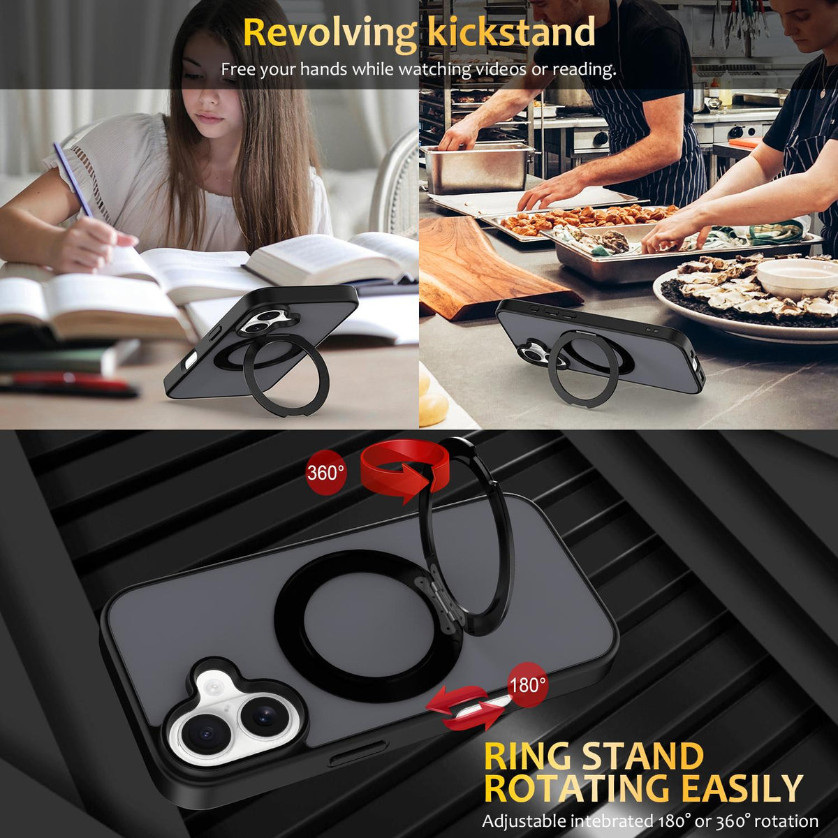 For iPhone 17 Skin Feel Revolving Kickstand Magnetic Phone Case - Black - EDA009937104D