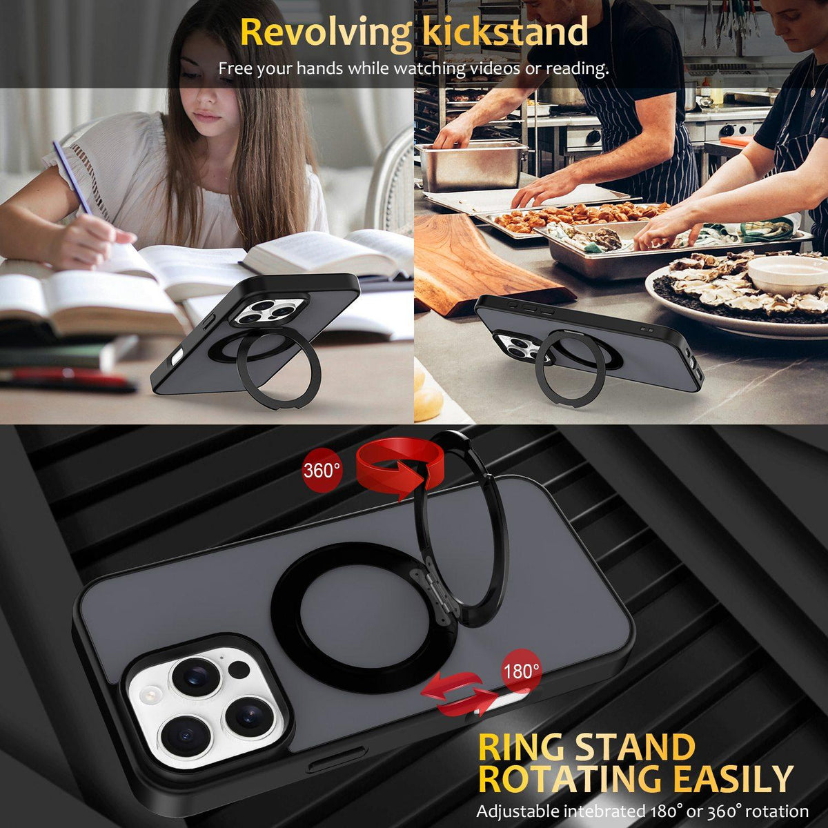 For iPhone 15 Pro Max Skin Feel Revolving Kickstand Magnetic Phone Case - Black - EDA009937110D