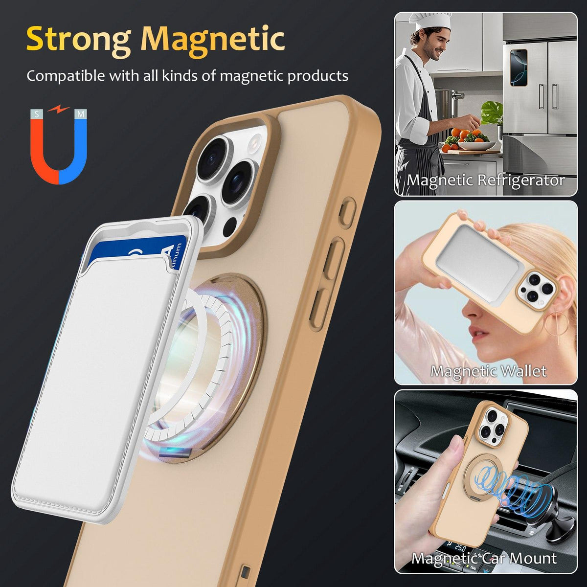 For iPhone 15 Pro Max Skin Feel Revolving Kickstand Magnetic Phone Case - Gold - EDA009937110F