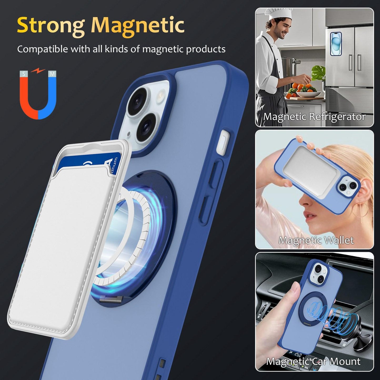 For iPhone 15 Skin Feel Revolving Kickstand Magnetic Phone Case(Blue)