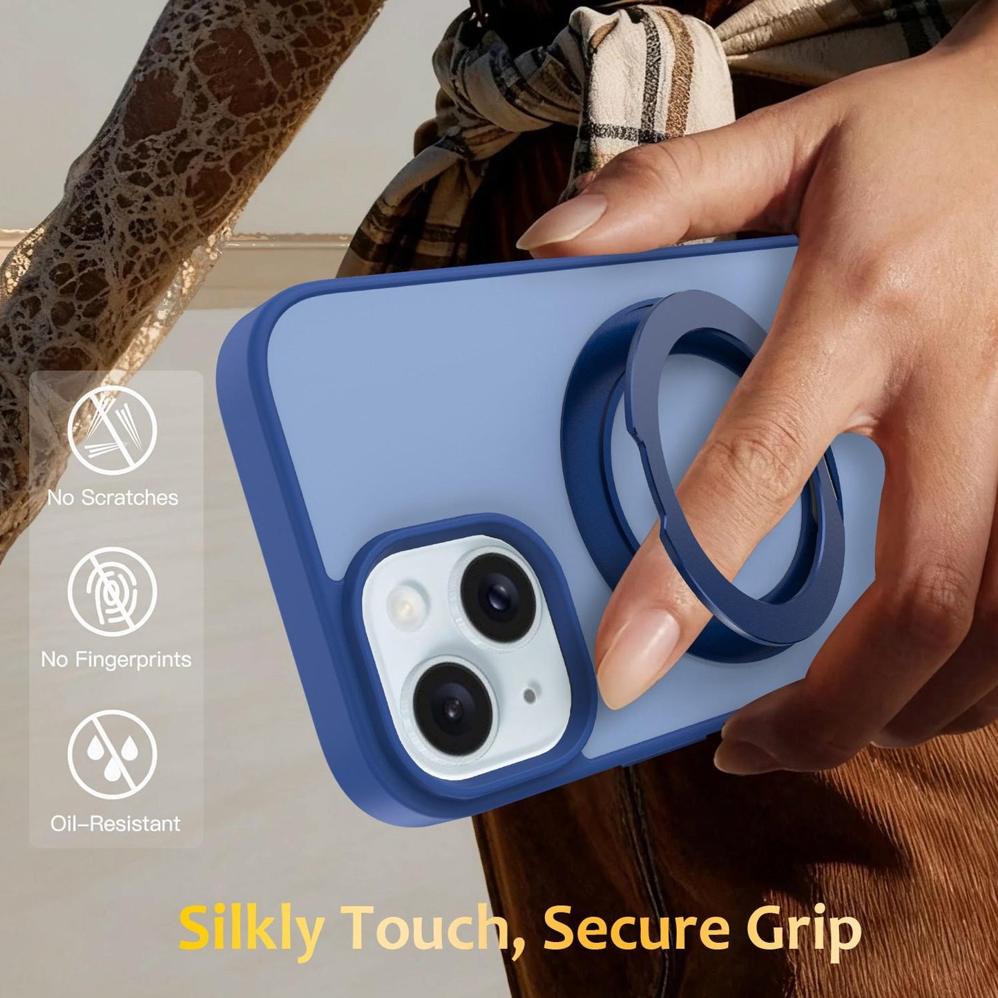 For iPhone 15 Skin Feel Revolving Kickstand Magnetic Phone Case(Blue)