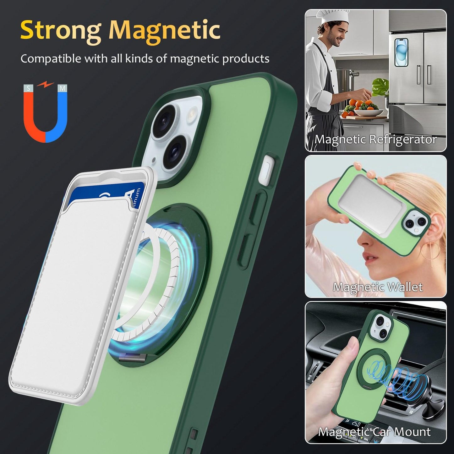 For iPhone 15 Skin Feel Revolving Kickstand Magnetic Phone Case(Green)