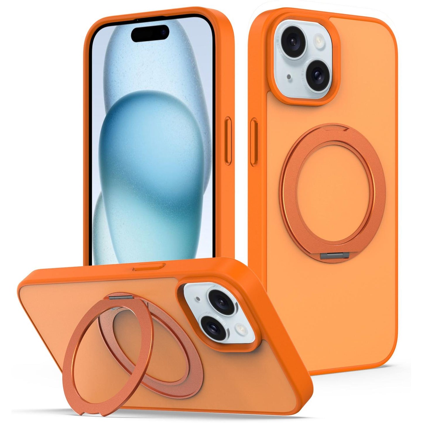For iPhone 15 Skin Feel Revolving Kickstand Magnetic Phone Case(Orange)