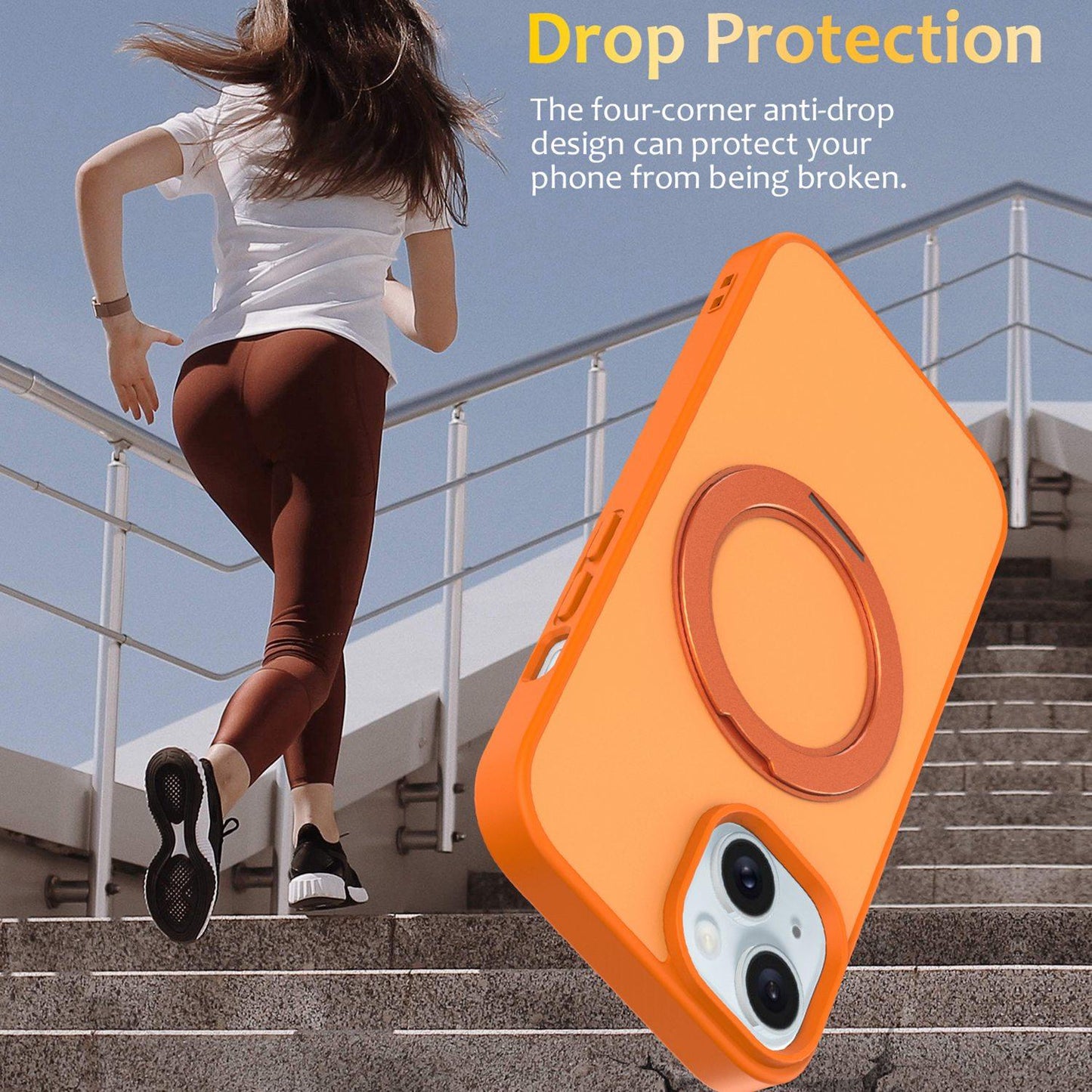 For iPhone 15 Skin Feel Revolving Kickstand Magnetic Phone Case(Orange)