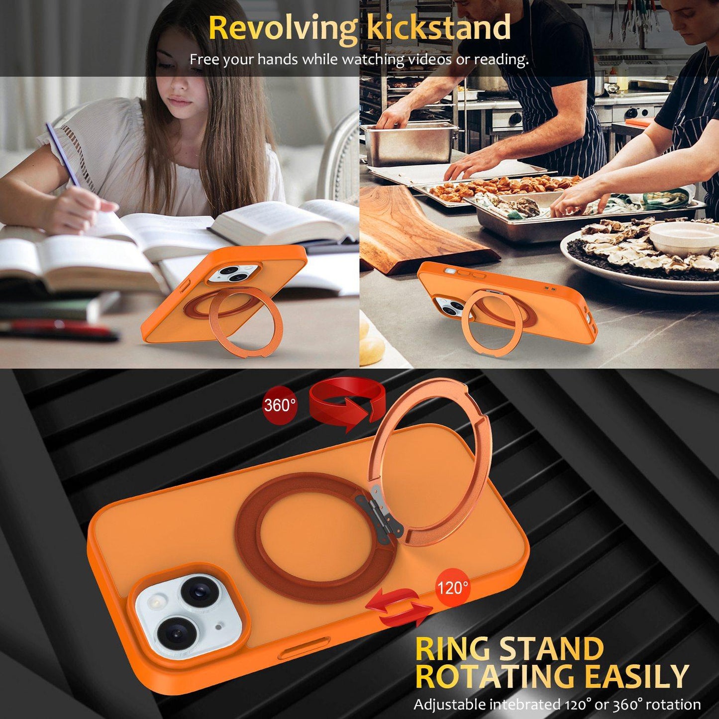 For iPhone 15 Skin Feel Revolving Kickstand Magnetic Phone Case(Orange)