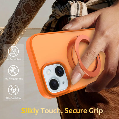 For iPhone 15 Skin Feel Revolving Kickstand Magnetic Phone Case(Orange)