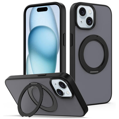 For iPhone 15 Skin Feel Revolving Kickstand Magnetic Phone Case(Black)