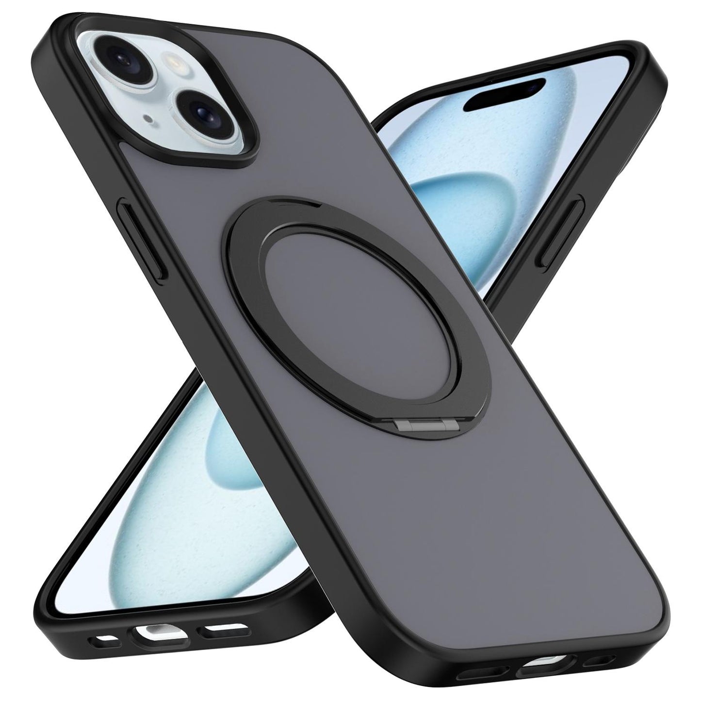For iPhone 15 Skin Feel Revolving Kickstand Magnetic Phone Case(Black)