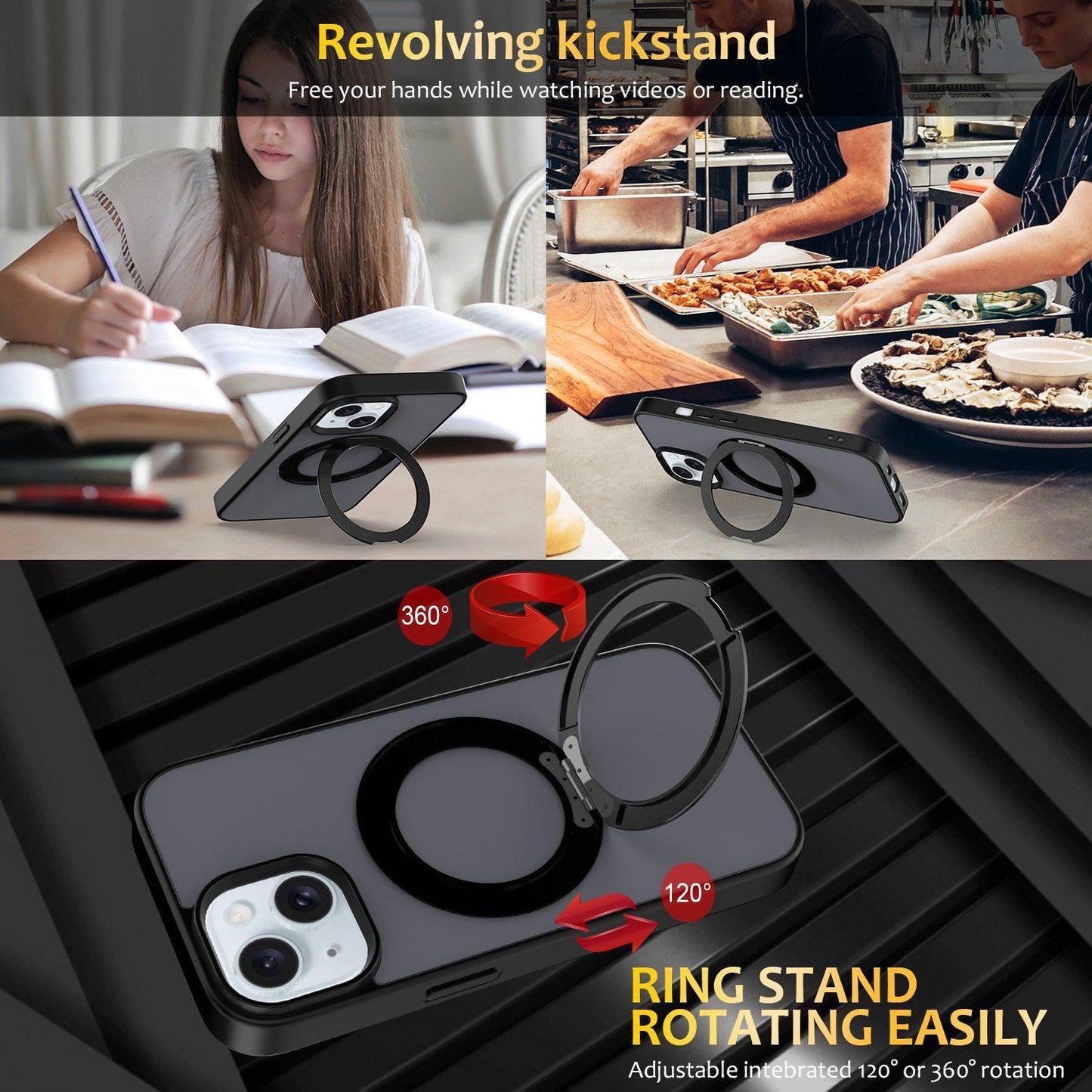 For iPhone 15 Skin Feel Revolving Kickstand Magnetic Phone Case(Black)