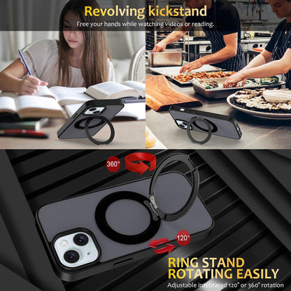 For iPhone 15 Skin Feel Revolving Kickstand Magnetic Phone Case(Black)