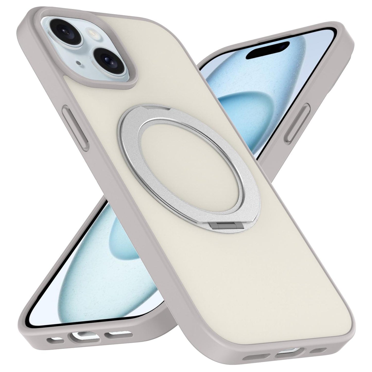 For iPhone 15 Skin Feel Revolving Kickstand Magnetic Phone Case(Grey)