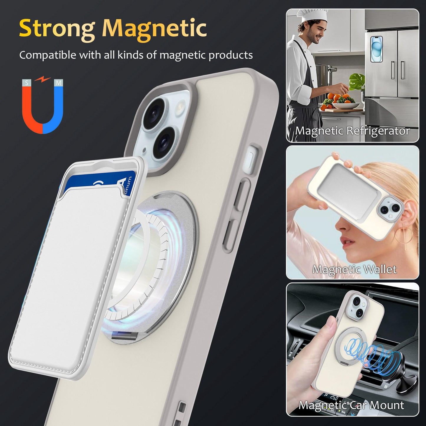 For iPhone 15 Skin Feel Revolving Kickstand Magnetic Phone Case(Grey)