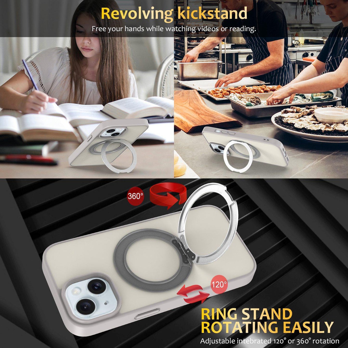 For iPhone 15 Skin Feel Revolving Kickstand Magnetic Phone Case(Grey)