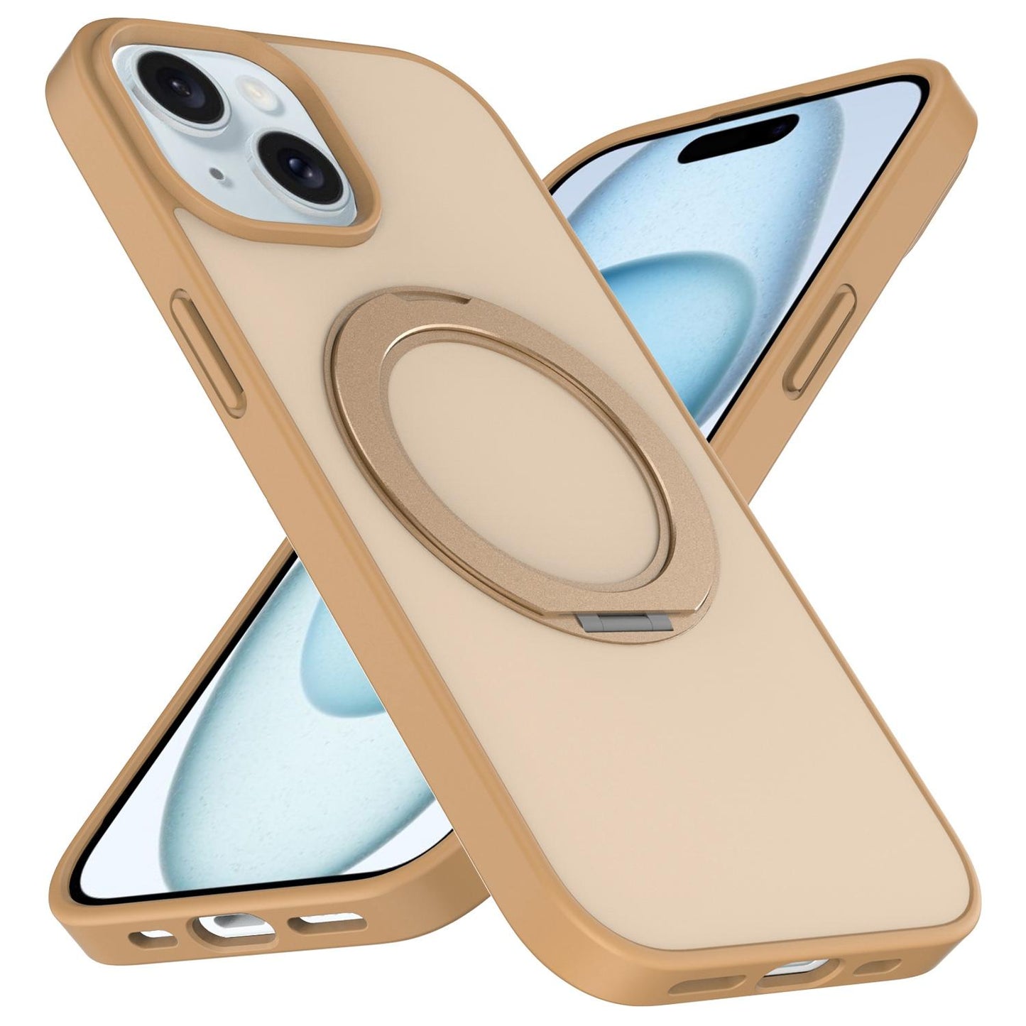 For iPhone 15 Skin Feel Revolving Kickstand Magnetic Phone Case(Gold)