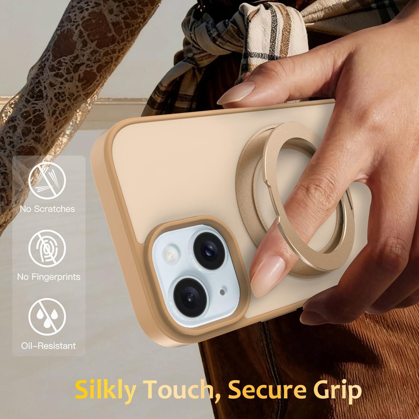 For iPhone 15 Skin Feel Revolving Kickstand Magnetic Phone Case(Gold)