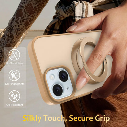 For iPhone 15 Skin Feel Revolving Kickstand Magnetic Phone Case(Gold)