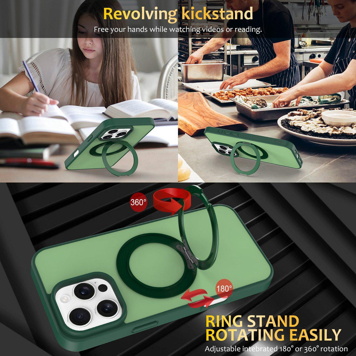 For iPhone 12 / 12 Pro Skin Feel Revolving Kickstand Magnetic Phone Case - Green - EDA009937114B