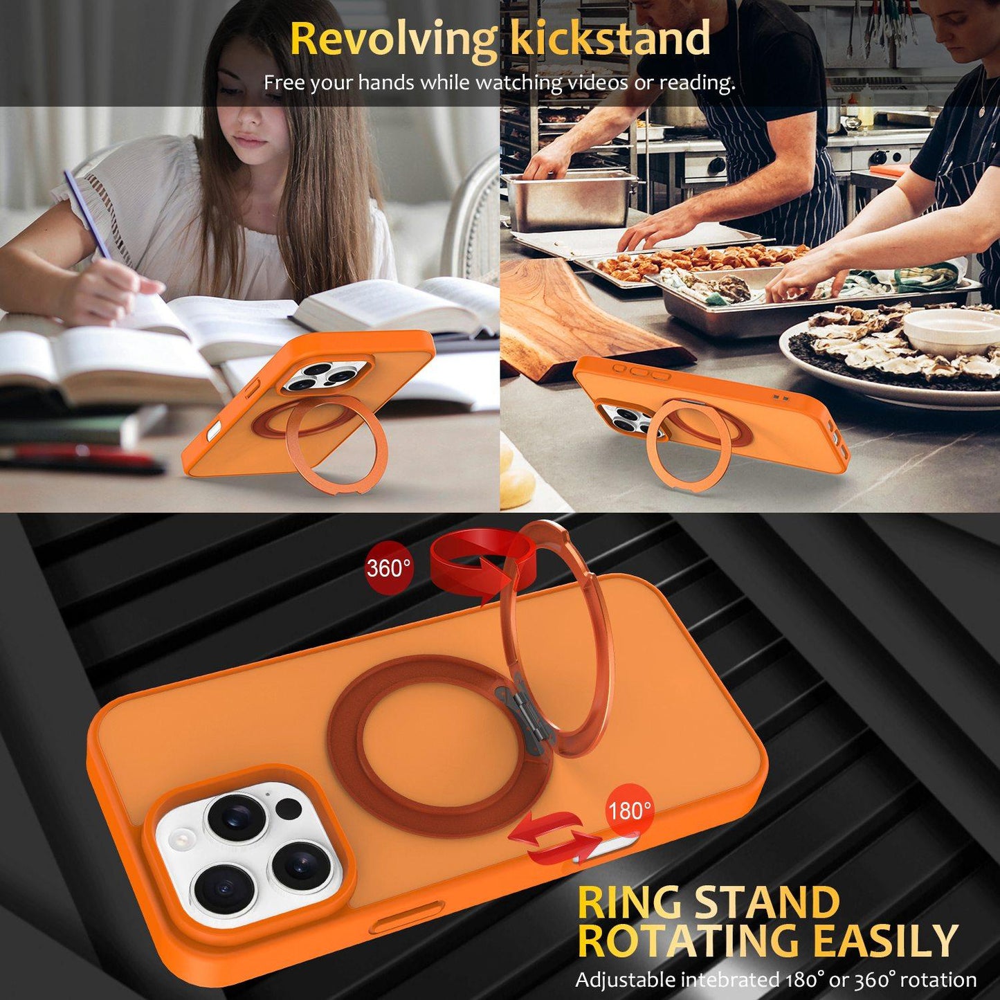 For iPhone 12 / 12 Pro Skin Feel Revolving Kickstand Magnetic Phone Case(Orange)