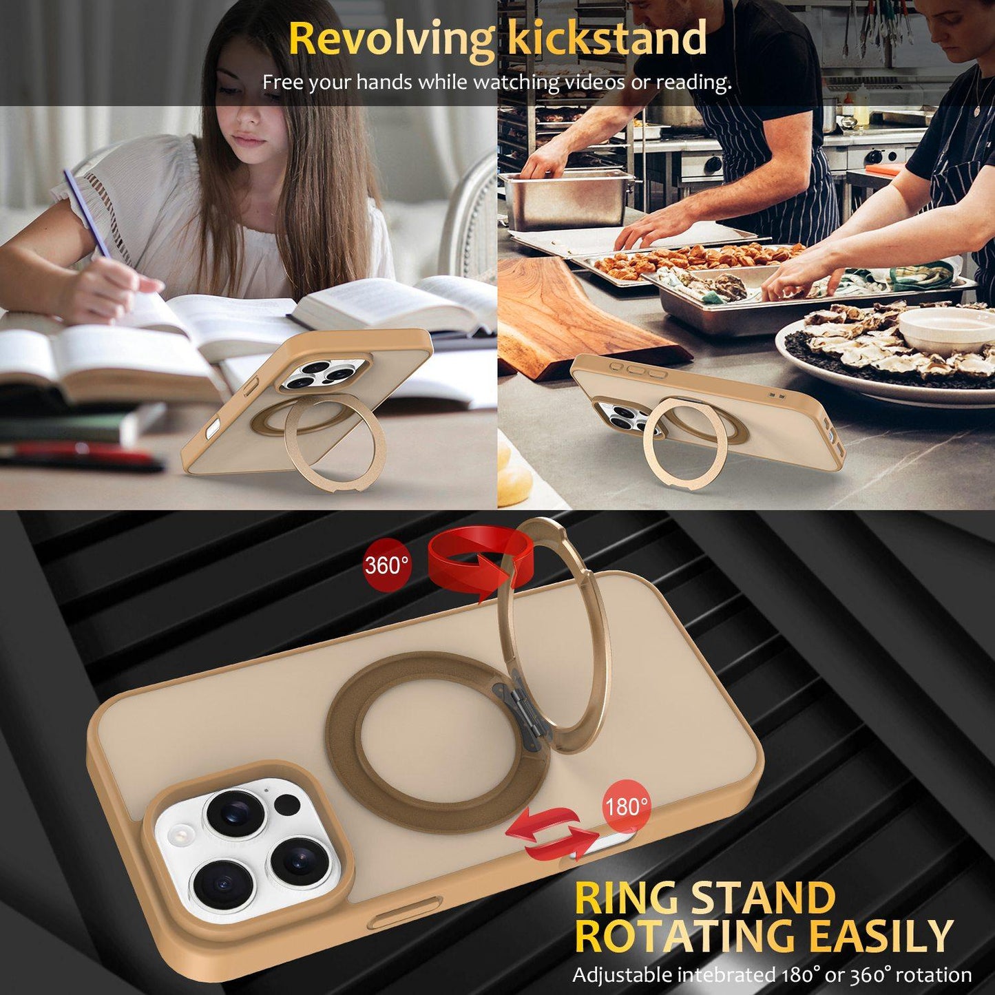 For iPhone 12 / 12 Pro Skin Feel Revolving Kickstand Magnetic Phone Case(Gold)