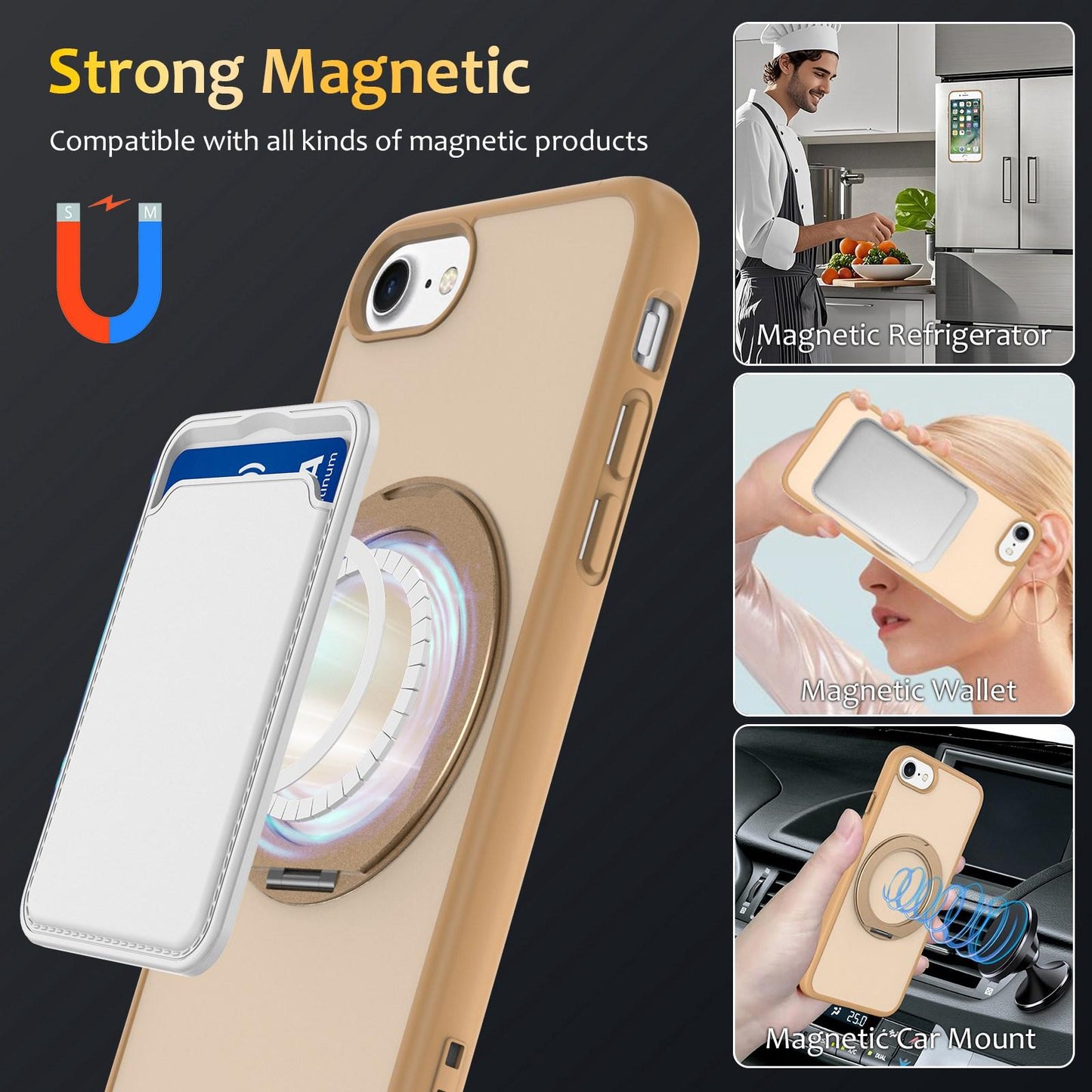 For iPhone SE 2022 / 2020 / 8 / 7 Skin Feel Revolving Kickstand Magnetic Phone Case(Gold)