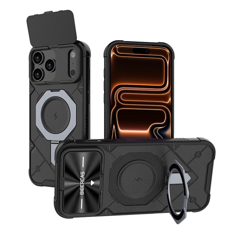 For iPhone 17 Pro Max Adventurer Series Flip Lens Cover Metal Kickstand Phone Case - Black - EDA009938001A
