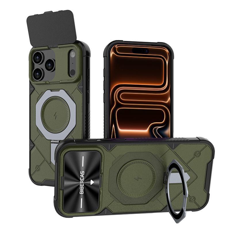 For iPhone 17 Pro Max Adventurer Series Flip Lens Cover Metal Kickstand Phone Case - Army Green - EDA009938001B