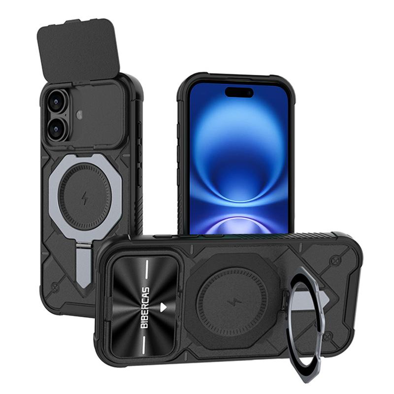 For iPhone 16 Plus Adventurer Series Flip Lens Cover Metal Kickstand Phone Case - Black - EDA009938004A